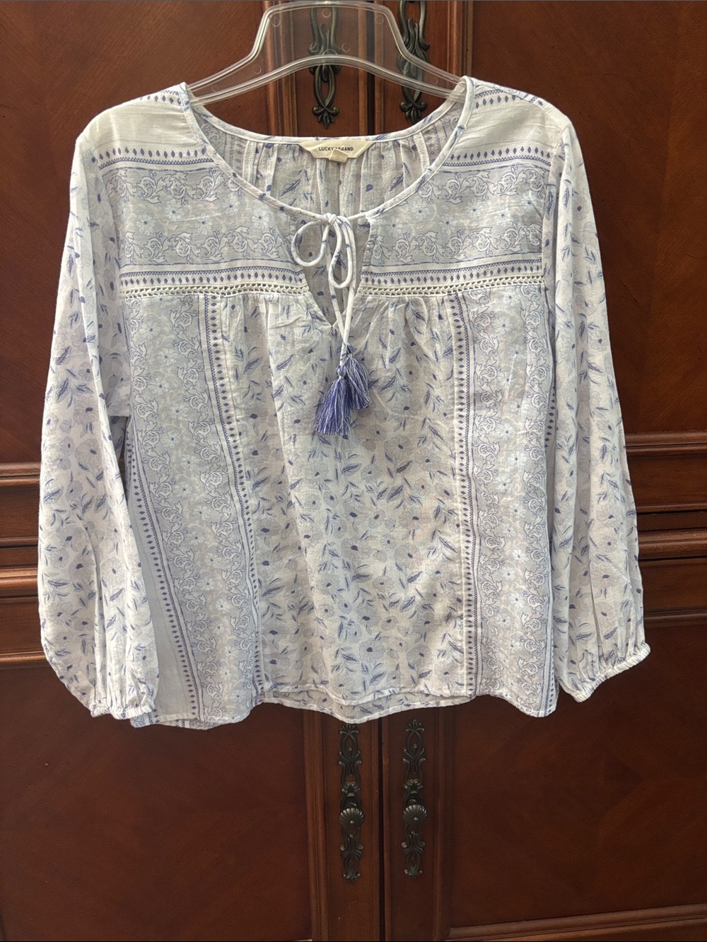Lucky Brand Pale Blue Floral Tie-Tassel Peasant Blouse